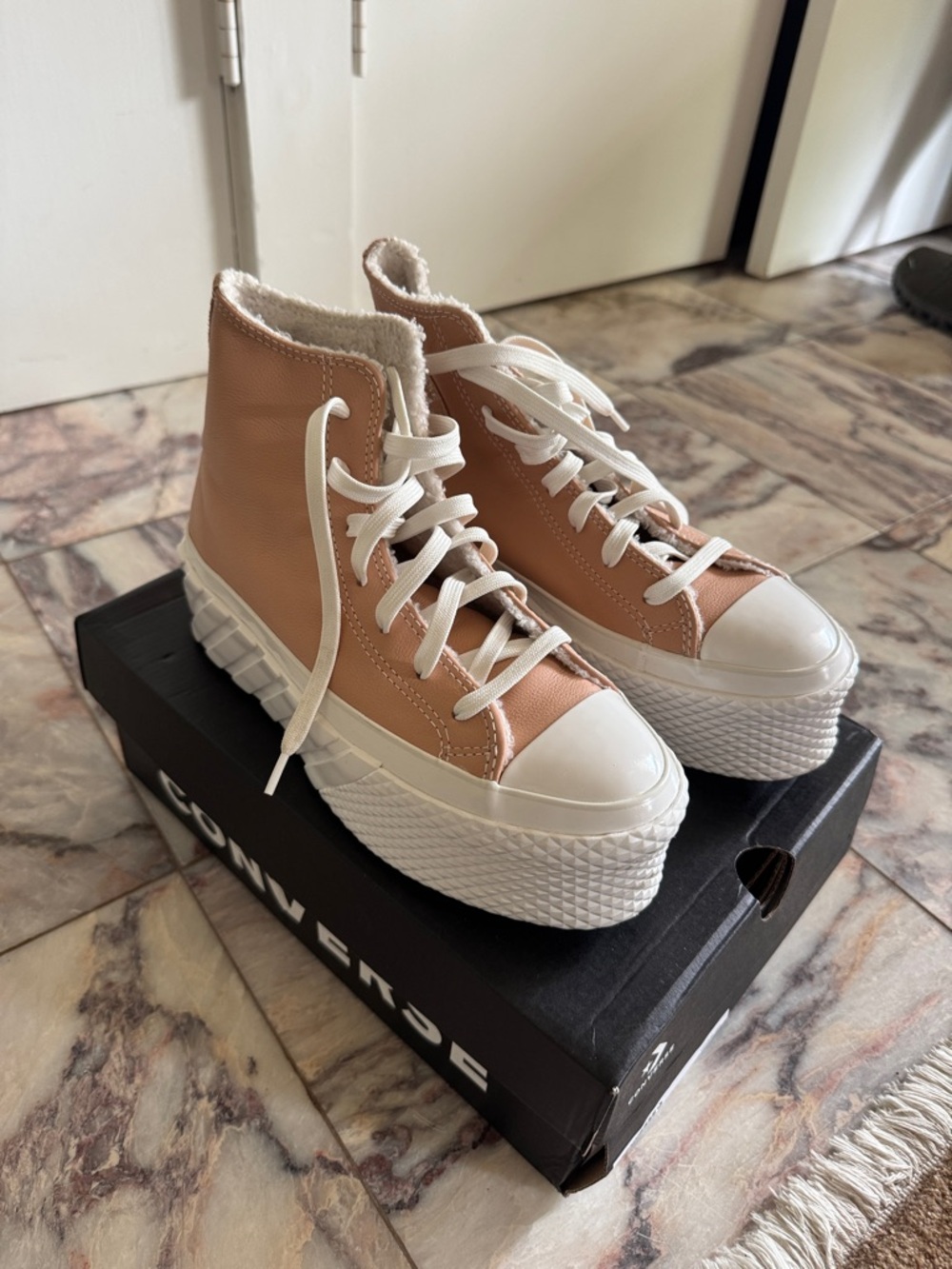 Converse Women's High-Top Platform Sneakers in Tan and White
